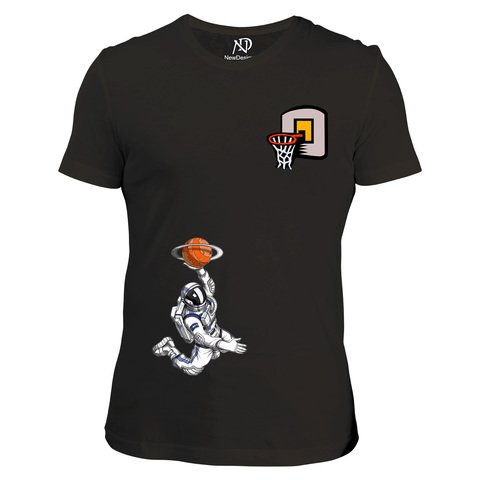 Erkek V Yaka Siyah Tshirt Astronot Basketbolcu