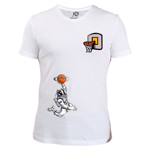 Erkek V Yaka Beyaz Tshirt Astronot Basketbolcu