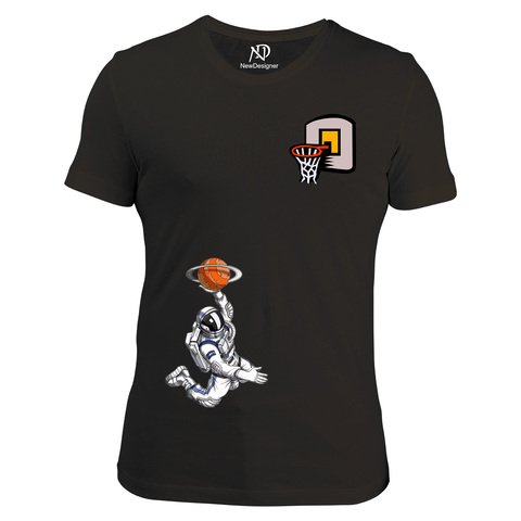 Erkek Bisiklet Yaka Siyah Tshirt Astronot Basketbolcu