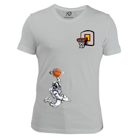 Erkek Bisiklet Yaka Gri Tshirt Astronot Basketbolcu