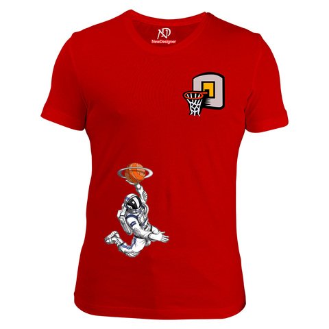 Erkek Bisiklet Yaka Kırmızı Tshirt Astronot Basketbolcu