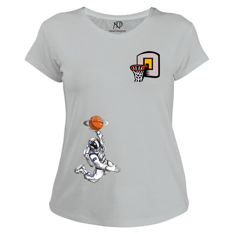 Kadın V Yaka Gri Tshirt Astronot Basketbolcu