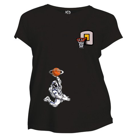 Kadın Bisiklet Yaka Siyah Tshirt Astronot Basketbolcu