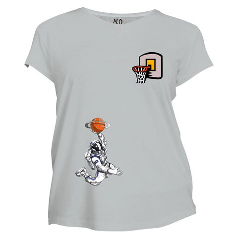 Kadın Bisiklet Yaka Gri Tshirt Astronot Basketbolcu