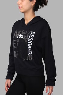 Kristal Taşlı Yazılı Gözlüklü Deri Baskılı Sweatshirt