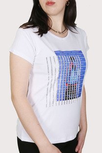 Beyaz 'V Yaka' Kristal Taş Şeritli Baskılı T-shirt