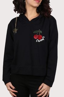 Kadın Siyah Kapüşonlu Kiraz Desenli Taşlı  Sweatshirt