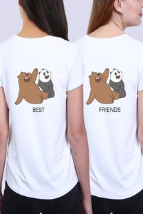 Kadın Beyaz Arka Panda Best Friends Baskılı V Yaka İkili Paket