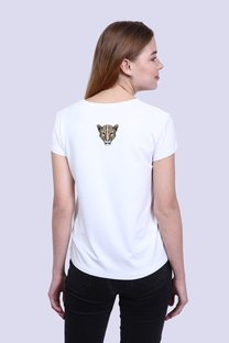 Kadın Beyaz   Ön/Arka Tiger Baskılı V Yaka Tshirt