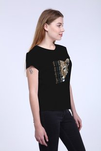 Kadın Siyah  Ön/Arka Tiger Baskılı V Yaka Tshirt