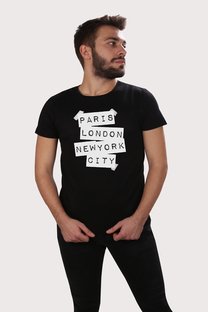 Erkek Siyah Bisiklet Yak Ön Yazı Baskılı Basıc Tshirt