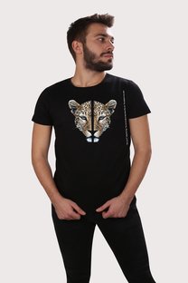 Erkek Siyah Bisiklet Yaka Ön Baskılı Kaplan Desenli Basıc Tshirt