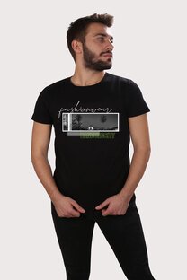 Erkek Siyah Bisiklet Yaka Ön Baskılı Fear Desenli Basıc Tshirt