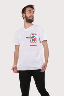 Erkek Beyaz V Yaka Ön Çiçek Desenli Basic Pamuklu Tshirt