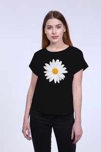 Kadın Siyah  Önden Papatya Baskılı Bisiklet Yaka Basic Tshirt