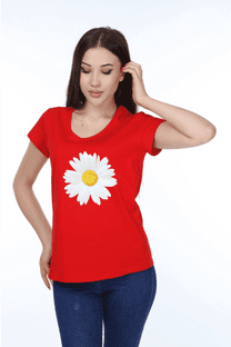 Kadın Kırmızı Papatya Baskılı V Yaka Tshirt