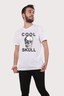 Erkek Beyaz V Yaka Coll Skull Taşlı Kurukafa