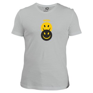 Erkek V Yaka Gri Tshirt Şeytan Melek Emoji