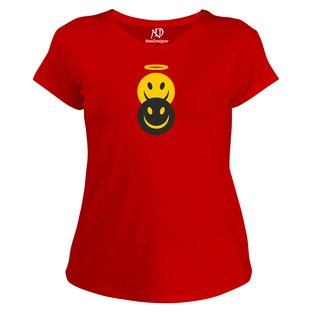 Kadın V Yaka Kırmızı Tshirt Şeytan Melek Emoji