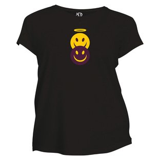 Kadın Bisiklet Yaka Siyah Tshirt Şeytan Melek Emoji