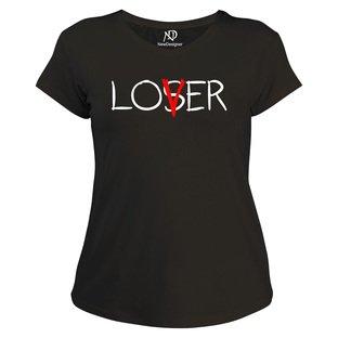 Kadın V Yaka Siyah Tshirt Lover Loser