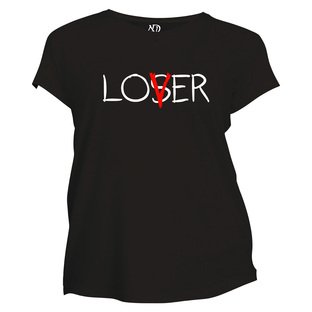 Kadın Bisiklet Yaka Siyah Tshirt Lover Loser