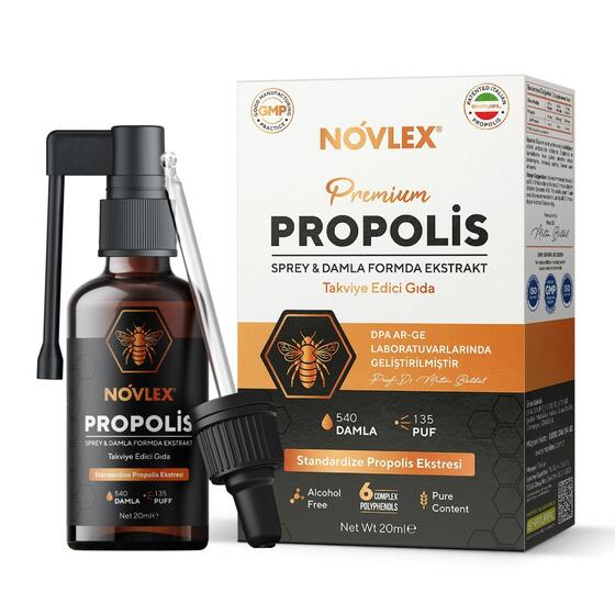 Novlex Propolis Ekstrakt (Su Bazlı-Alkolsüz) Nane Aromalı Sprey & Damla (540 damla) Takviye Edici Gıda 20ml