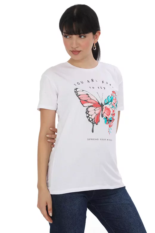 Pachie Butterfly Baskılı Beyaz T-shirt  (PC0034)