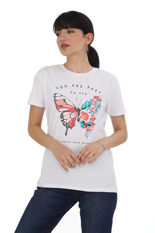 Pachie Butterfly Baskılı Beyaz T-shirt  (PC0034)