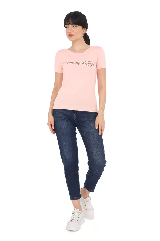 Pachie Önü Parlak Yazı Baskılı Basic Toz Pembe T-shirt (PC0010)