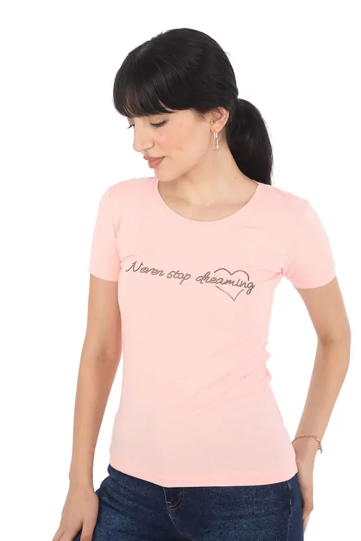 Pachie Önü Parlak Yazı Baskılı Basic Toz Pembe T-shirt (PC0010)