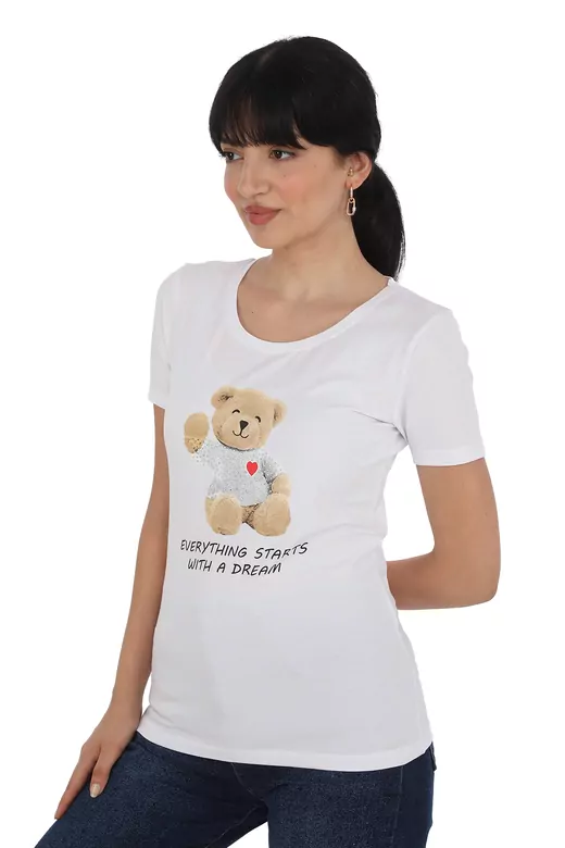 Pachie Önü Ayıcık Baskılı Beyaz Renk  T-shirt (PC0011)