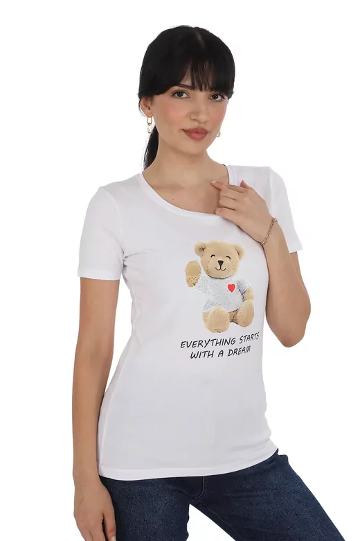 Pachie Önü Ayıcık Baskılı Beyaz Renk  T-shirt (PC0011)