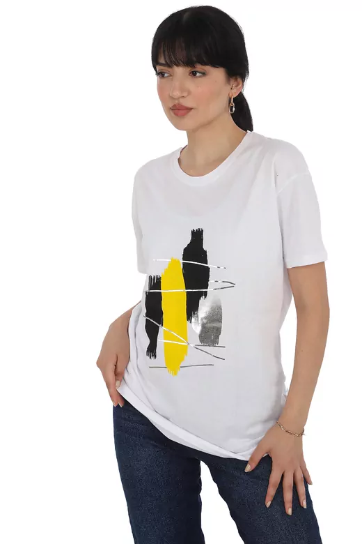 Pachie Önü Gri-Sarı Baskılı Beyaz Renk Basic T-shirt (PC0013)