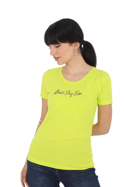 Pachie Önü Parlak Yazı Baskılı Sarı Renk Basic T-shirt (PC0015)