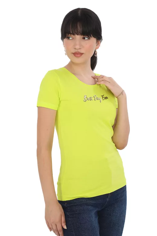 Pachie Önü Parlak Yazı Baskılı Sarı Renk Basic T-shirt (PC0015)