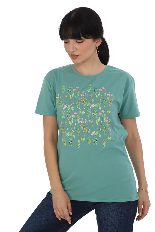 Pachie Çiçek Baskılı Zeytin Yeşili Renk T-shirt (PC0019)