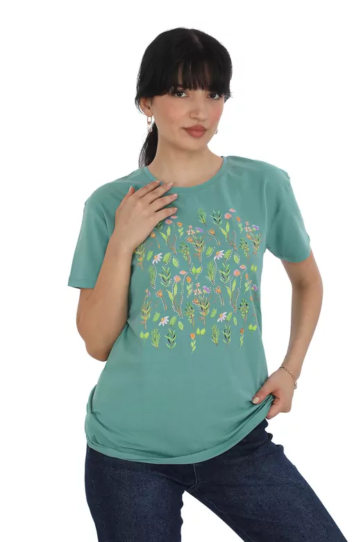 Pachie Çiçek Baskılı Zeytin Yeşili Renk T-shirt (PC0019)