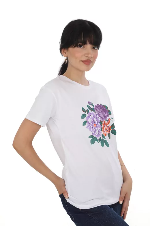 Pachie Çiçek Baskılı Beyaz Renk Basic T-shirt (PC0027)