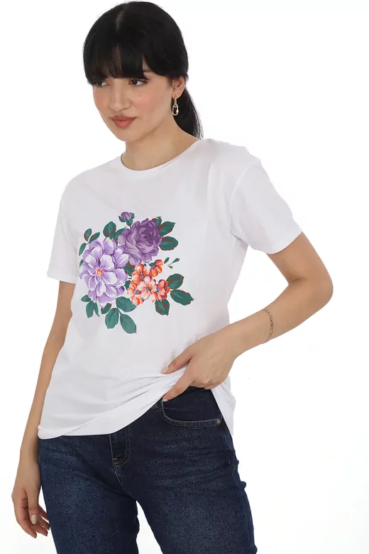 Pachie Çiçek Baskılı Beyaz Renk Basic T-shirt (PC0027)