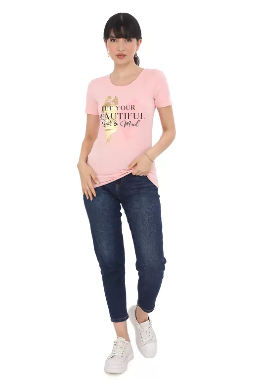 Pachie Beutiful Yazı Baskılı Toz Pembe T-shirt (PC0035)