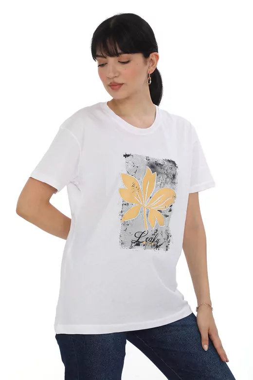 Pachie Taş Detaylı Sarı Çiçek Baskılı Beyaz Basic T-shirt (PC0039)