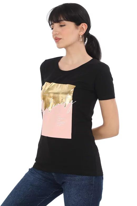 Pachie Pozitivity Yazı Baskılı Siyah T-shirt (PC0041)