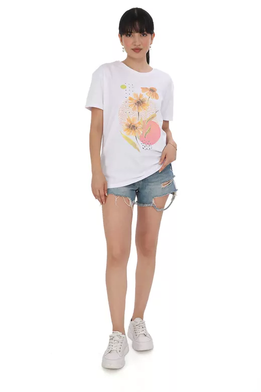 Pachie Çicek Baskılı Beyaz Basic T-shirt (PC0044)