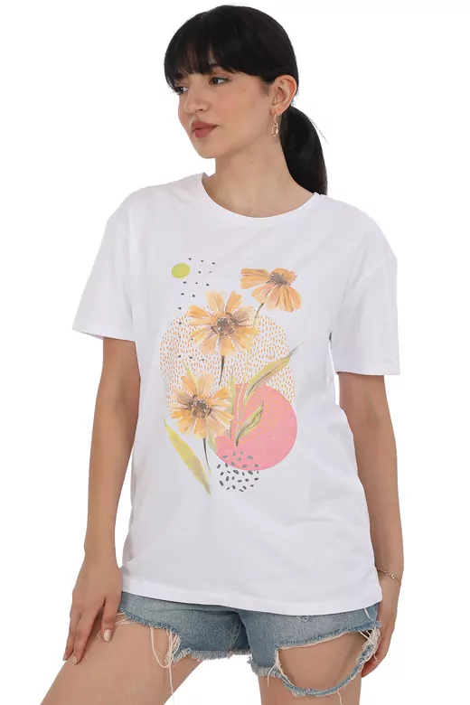 Pachie Çicek Baskılı Beyaz Basic T-shirt (PC0044)