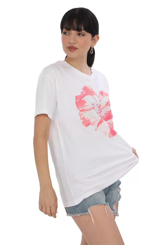 Pachie Çiçek Baskılı Beyaz T-shirt (PC0049)