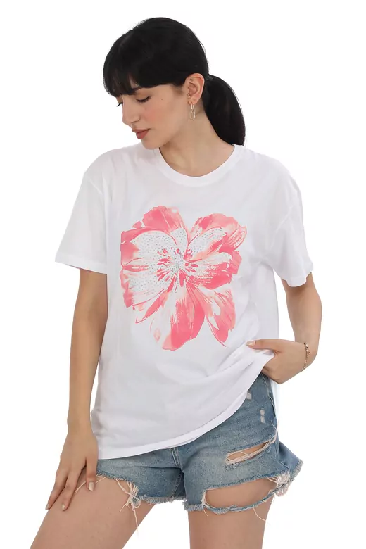 Pachie Çiçek Baskılı Beyaz T-shirt (PC0049)