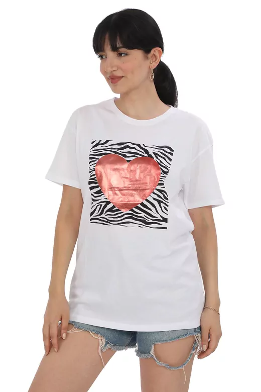 Pachie Zebra Desen Üstüne Kalp Baskılı Beyaz T-shirt (PC0058)PC