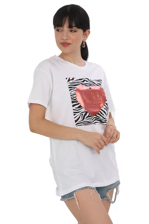 Pachie Zebra Desen Üstüne Kalp Baskılı Beyaz T-shirt (PC0058)PC