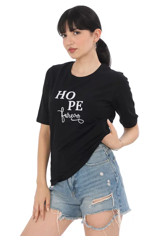 Pachie HOPE Yazı Baskılı Siyah Basic T-shirt (PC0061)